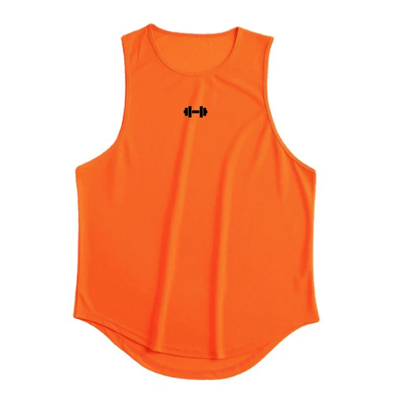 Front view of an orange tank top with round neckline and black logo.