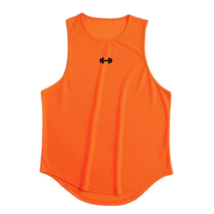 Front view of an orange tank top with round neckline and black logo.