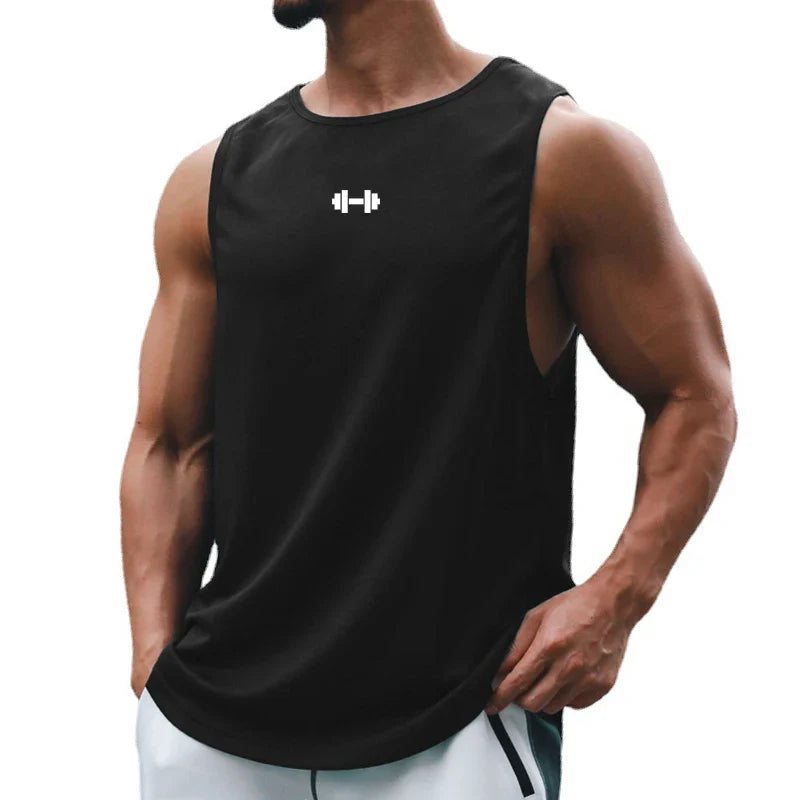 Various sleeveless shirts in blue, gray, and orange on a white background.
