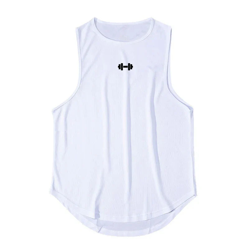 Front view of a white tank top with round neckline and black logo.