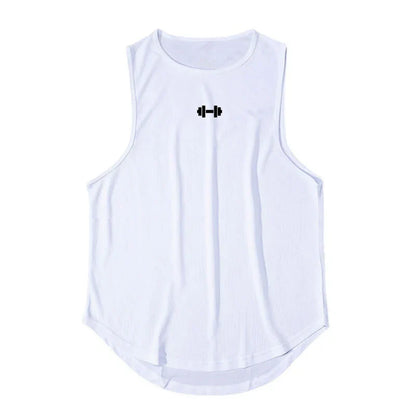 Front view of a white tank top with round neckline and black logo.