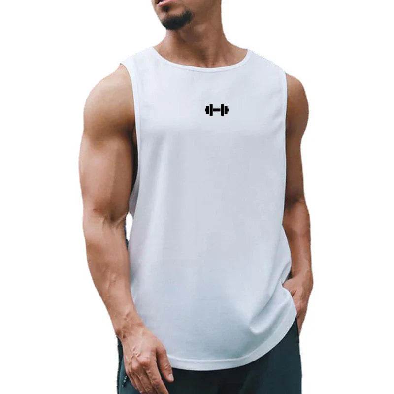 Lifestyle shot of a white sleeveless shirt on a muscular model.