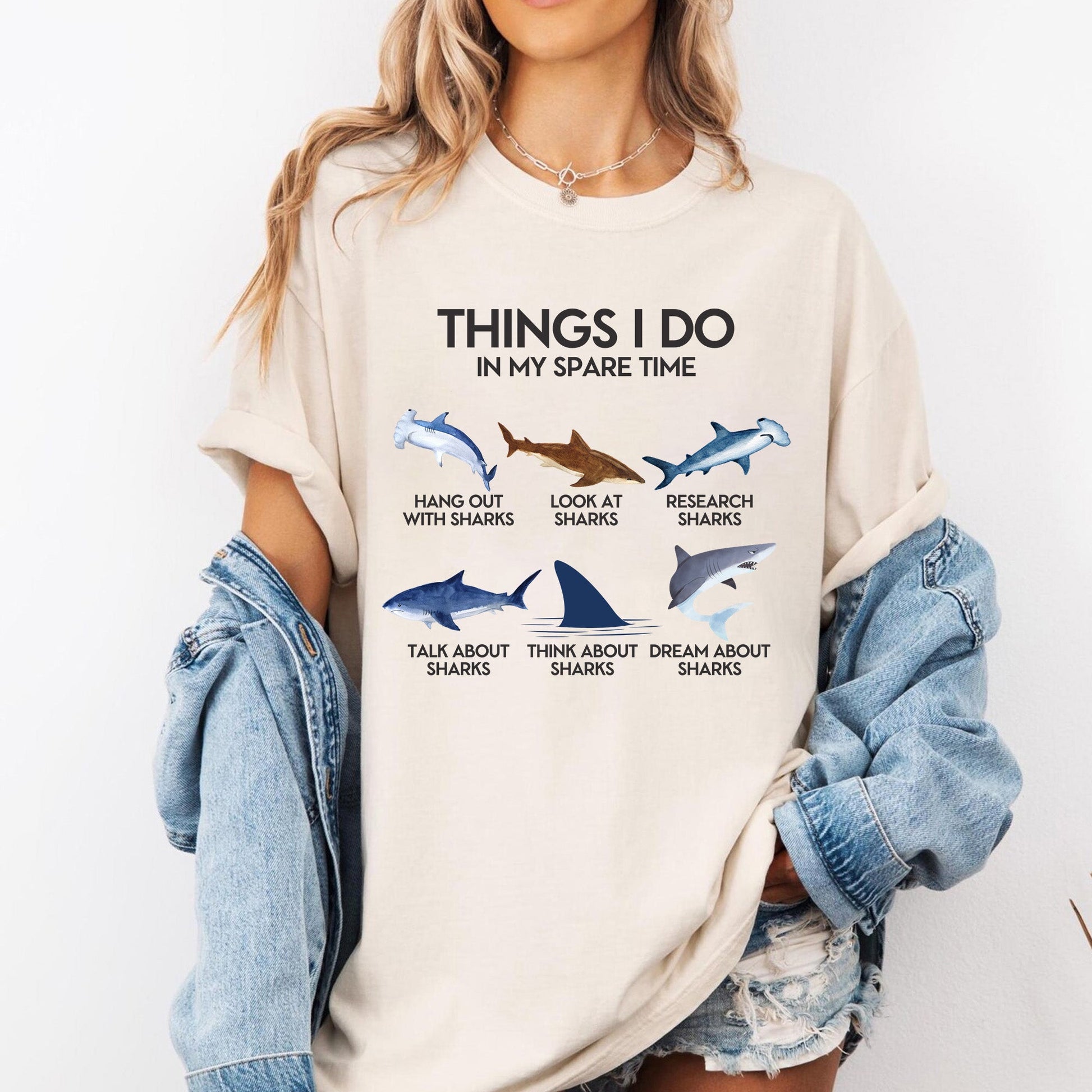 Cream Shark T-Shirt lifestyle image highlighting shark graphics.