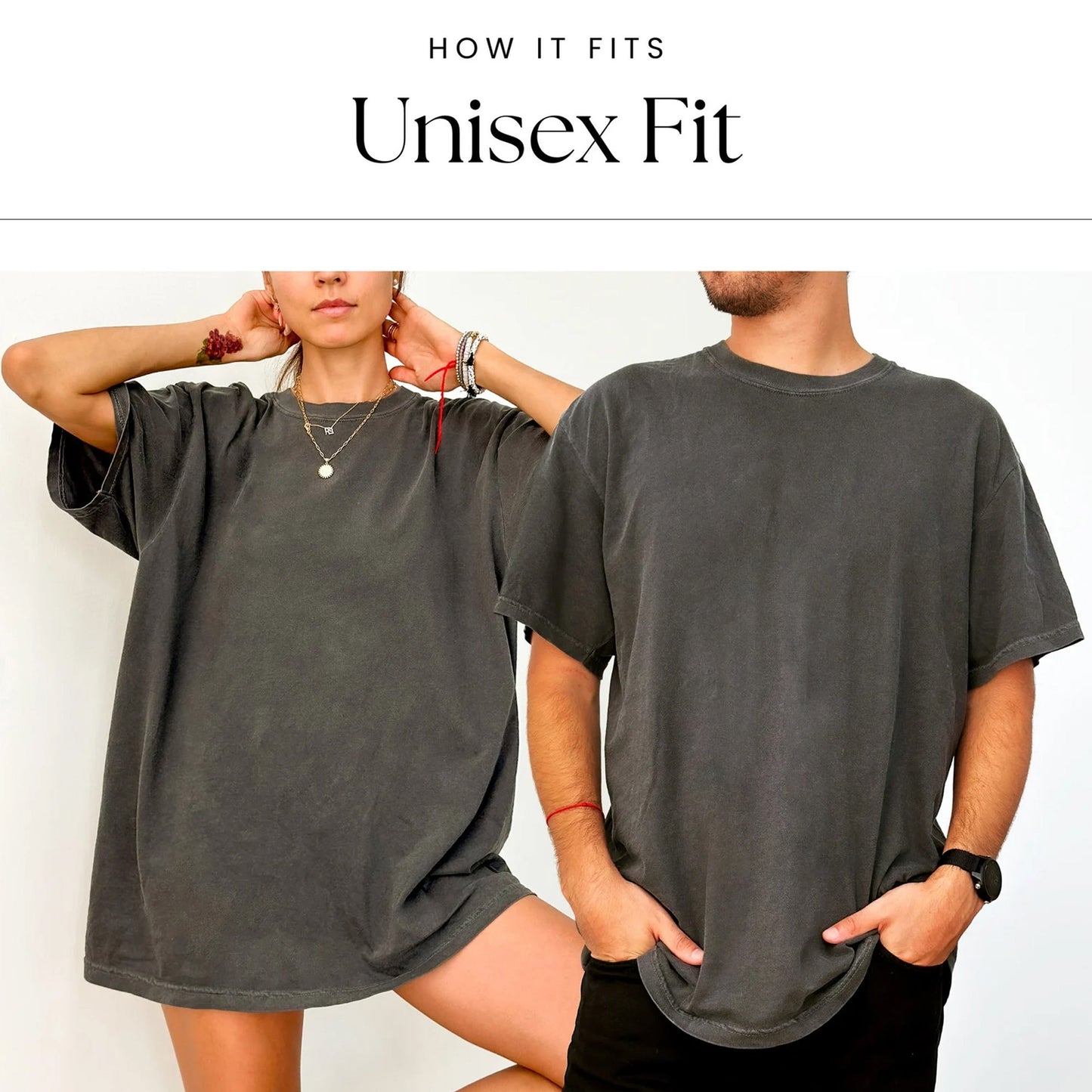 Lifestyle shot of unisex fit t-shirts in gray with short sleeves.