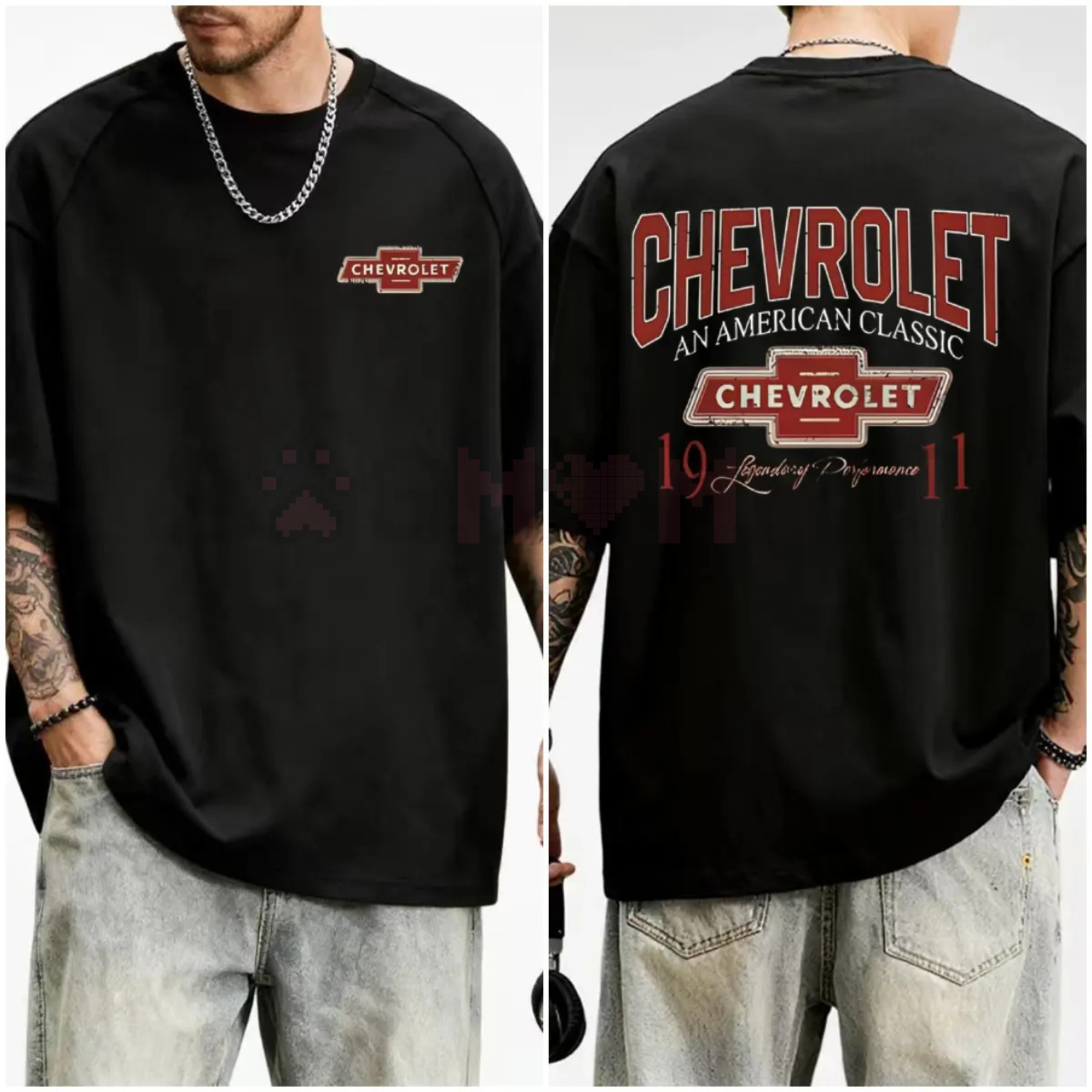 Back view of the black t-shirt featuring the Chevrolet logo graphic print.