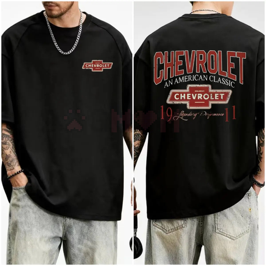 Back view of the black t-shirt featuring the Chevrolet logo graphic print.