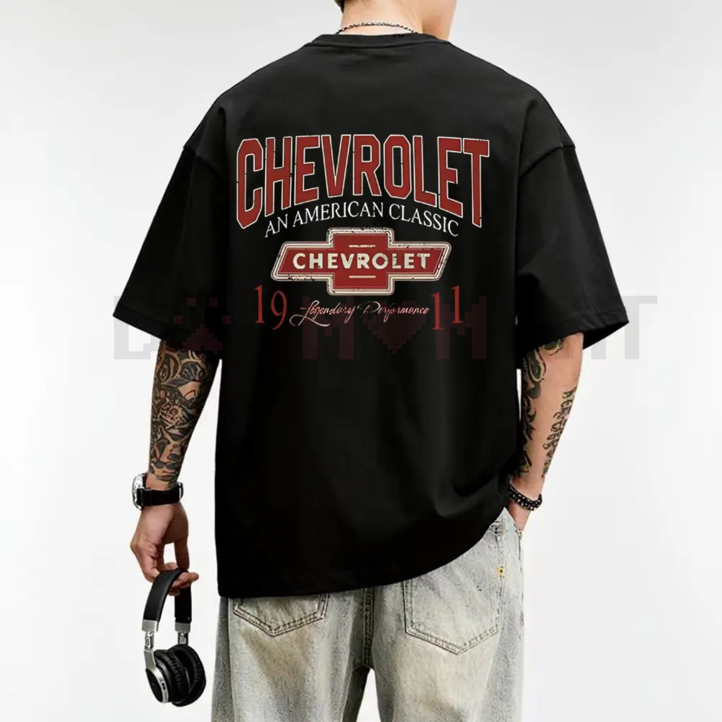 Front view of the black t-shirt showcasing the Chevrolet logo graphic print.