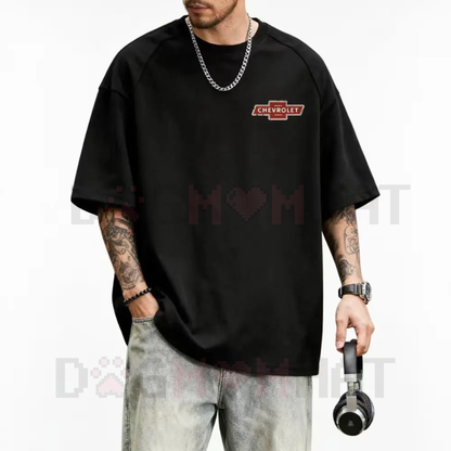 Front view of the white t-shirt displaying the Chevrolet logo graphic print.