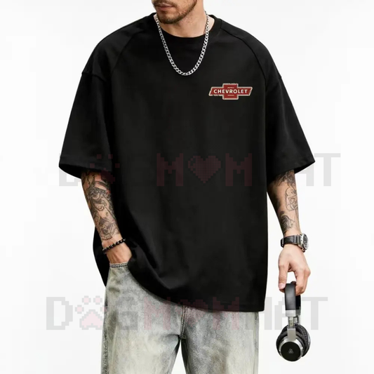 Front view of the white t-shirt displaying the Chevrolet logo graphic print.