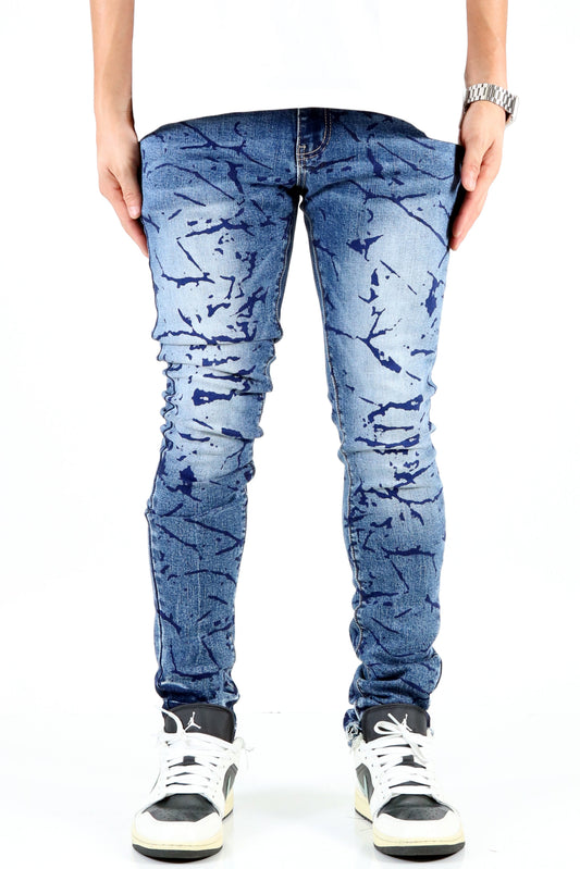 Front view of the blue ripped skinny jeans with a unique design.